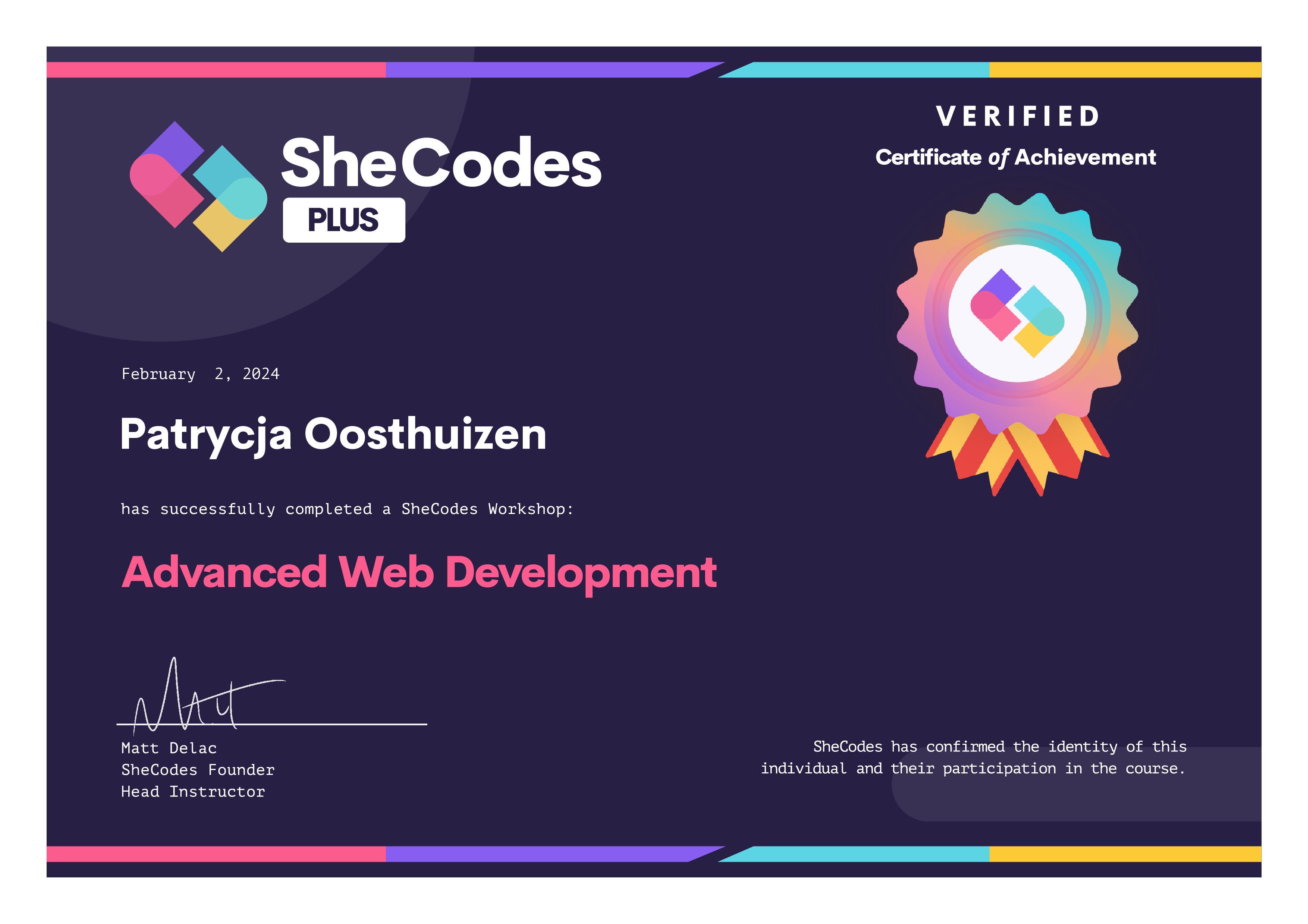 Patrycja's certificate